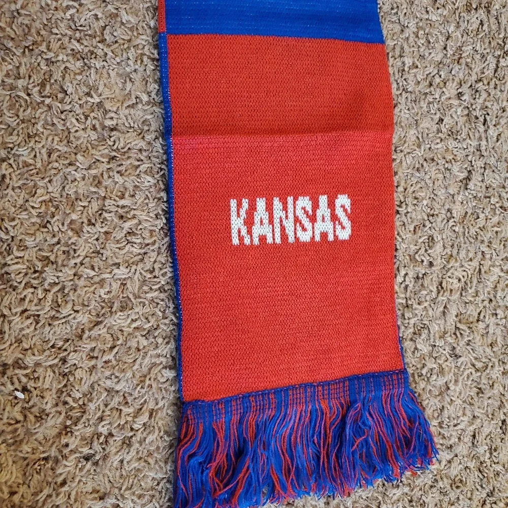 Kansas Jayhawks Ncaa Rock Chalk Red White Blue‎ Scarf Fringe Knit